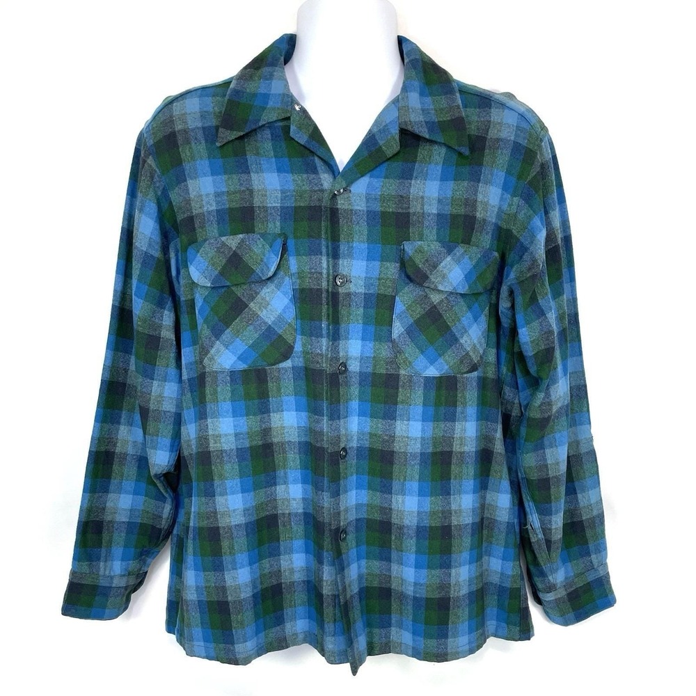 Vintage 60s Pendleton Board Shirt Mens L Wool Plaid Loop Collar Blue Green